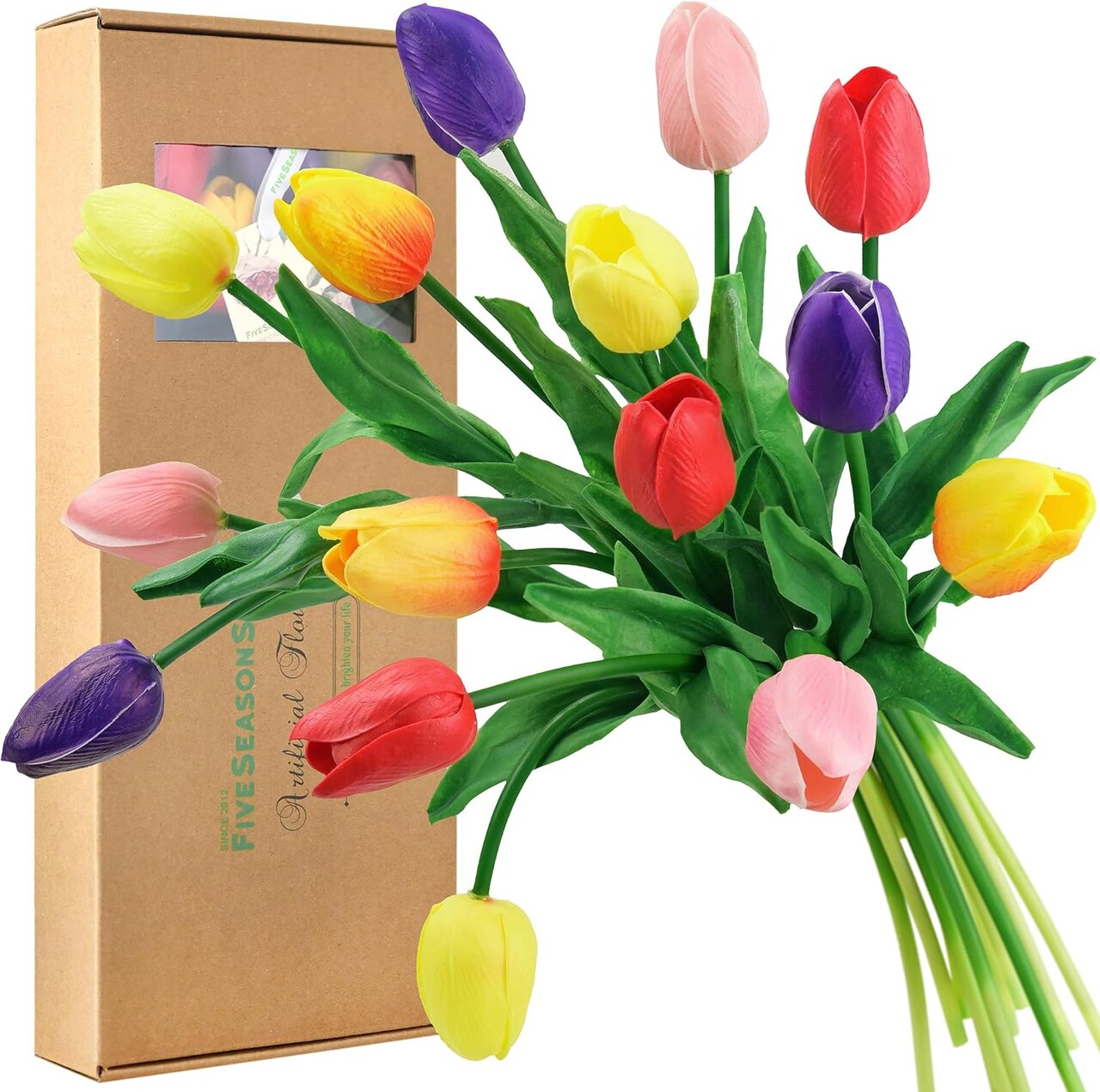Real Touch Tulips Artificial Flowers – 15 Stems Faux Tulip Bouquet in Gift Box for Wedding, Home Decor, Party, Floral Arrangements (Rainbow Colors)